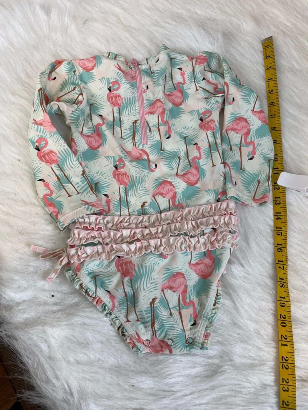 Ruffle Butts Mint and Pink Flamingo Long-Sleeve One-Piece